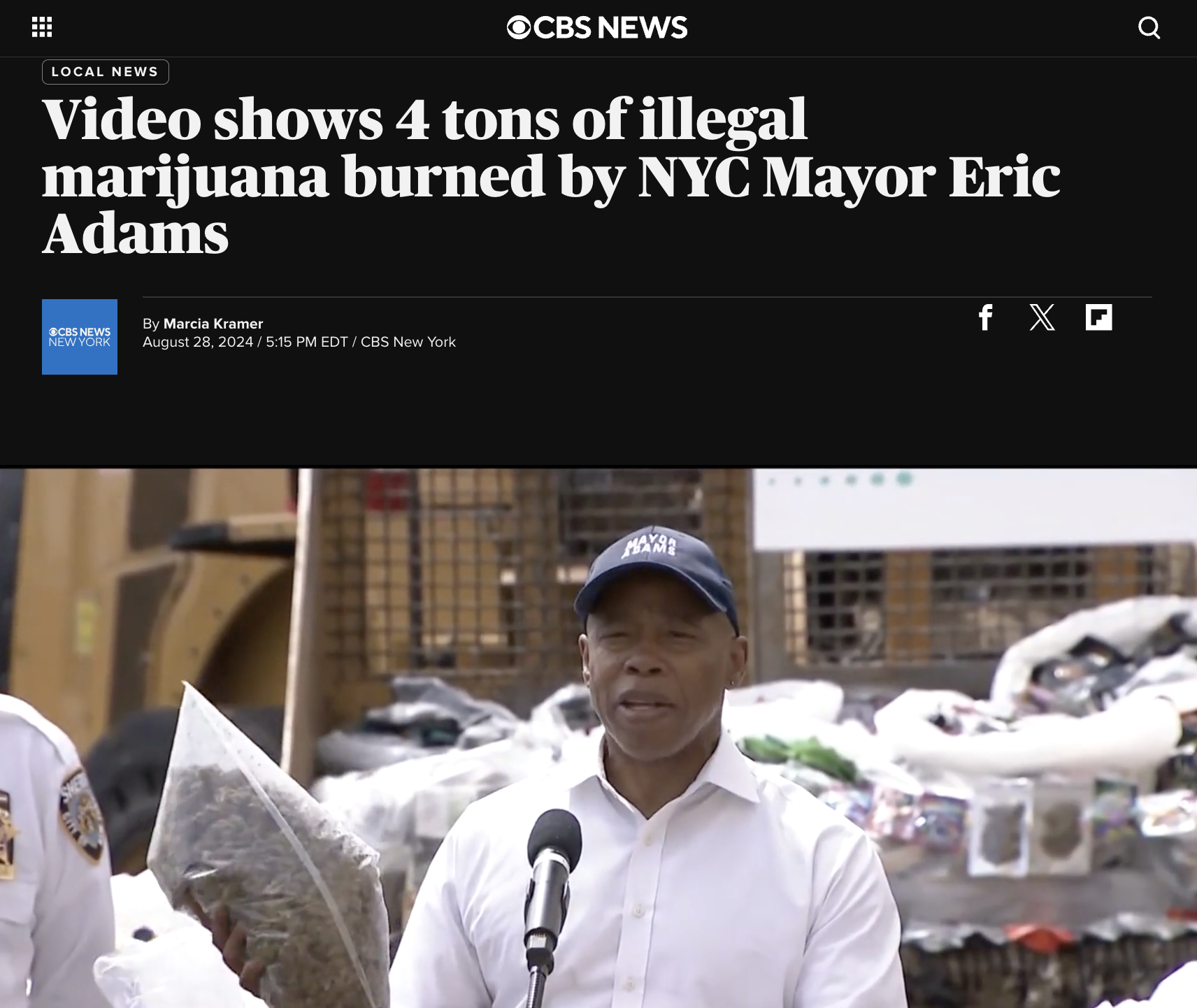 screenshot - Local News Cbs News Video shows 4 tons of illegal marijuana burned by Nyc Mayor Eric Adams Bcnews Newyork By Marcia Kramer EdtCbs New York f X Q